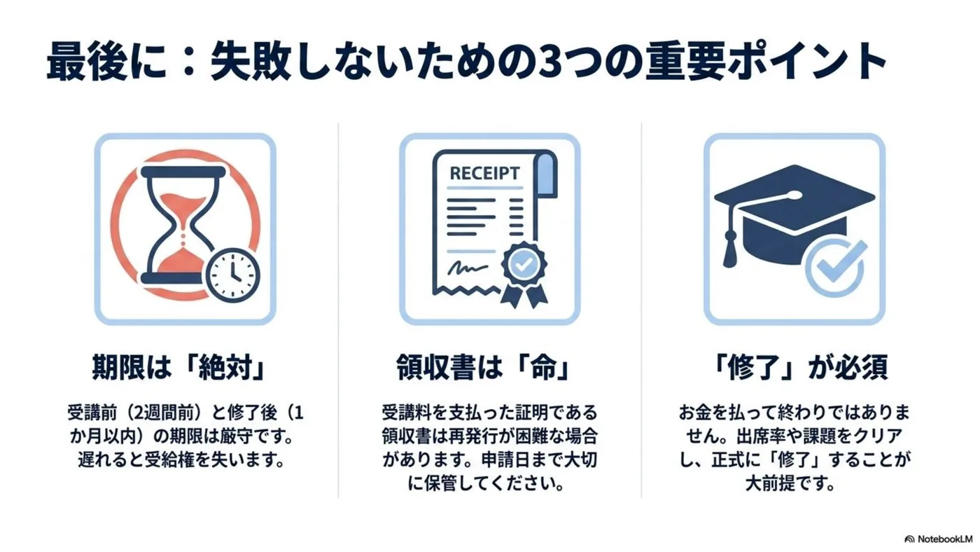専門実践教育訓練給付金 失敗しないための3つのポイント 期限 領収書 修了
